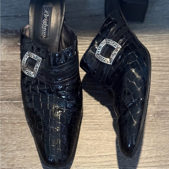 Brighton Tudor Mules Women’s 11 Black Croc Pattern Patent Leather Mules Heels - Picture 4 of 7